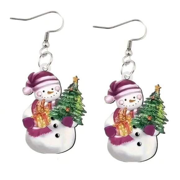 Snowman with Tree Christmas Holiday Earrings. - Picture 2 of 2